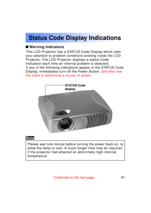 Page 6161Previous 
screen
Warning Indicators
This LCD Projector has a STATUS Code Display which calls 
your attention to problem conditions existing inside the LCD
Projector. The LCD Projector displays a status Code
Indication each time an internal problem is detected.
If any of the following indications appear in the STATUS Code
Display, immediately turn off the Power Button, and then see
the chart to determine a course of action.
Status Code Display Indications
Please wait one minute before turning the power...