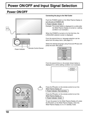 Page 1818
Power ON/OFF
Connecting the plug to the Wall Outlet
Push the POWER switch on the Wide Plasma Display to
turn the set on POWER-ON
Power Indicator: Green
Example: The screen below is displayed for a while after
the Wide Plasma Display is turned on. (setting
condition is an example.)
When the POWER is turned on for the first time, the
LANGUAGE selection screen is displayed.
From the second time on, language selection can be
done from the setup menu. (see page 21)
Select the desired language using the...