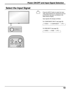 Page 1919
Select the Input Signal
R - STANDBY
G   POWER ONINPUT—   VOL      +
—  VOL      +INPUT
Press the INPUT button to select the input
video signal desired from equipment such as
a VCR which has been connected to the
Wide Plasma Display.
SURROUND
VOL
NR
INPUT
INPUT
Power ON/OFF and Input Signal Selection
Input signals will change as follows:
For COMPONENT INPUT (see page 30)
For RGB INPUT (see page 30)
VIDEO          COMPONENT          PC
VIDEO          RGB          PC 