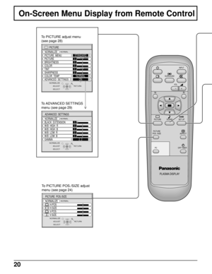Page 2020
On-Screen Menu Display from Remote Control
PLASMA DISPLAY
INPUT
SURROUND
VOL
NR
PICTURE
SOUNDSET UP
ASPECT PICTURE
POS. /SIZE
OFF TIMER
PC
PICTURE
NORMALIZE
PICTURE  MENU
BRIGHTNESS
COLORSTANDARD
0
0
TINT
COLOR  TEMPNORMAL
ADVANCED  SETTINGSON PICTURE0
0
0
SHARPNESS
NORMALIZENORMAL
SELECTADJUSTRETURN
To ADVANCED  SETTINGS
menu (see page 29)
To PICTURE adjust menu
(see page 28)
NORMALIZENORMAL
SELECT
ADVANCED  SETTINGS
NORMALIZE
BLACK  EXTENSION
W/B  HIGH  R
W/B  HIGH  B0
0
0 0
W/B  LOW  R
GAMMA2. 2 0...