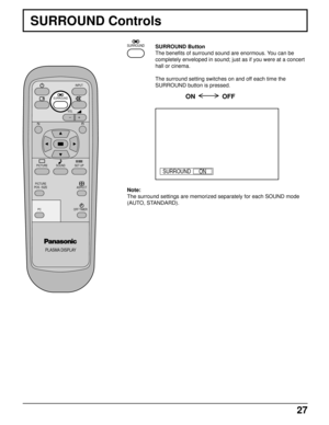 Page 2727
SURROUND Controls
SURROUND Button
The benefits of surround sound are enormous. You can be
completely enveloped in sound; just as if you were at a concert
hall or cinema.
The surround setting switches on and off each time the
SURROUND button is pressed.
ON               OFF
Note:
The surround settings are memorized separately for each SOUND mode
(AUTO, STANDARD).
PLASMA DISPLAY
VOL
NR
PICTURE SET UP
PICTURE
POS. /SIZE
OFF TIMER
PC
INPUT
ASPECT
SOUND
SURROUND
SURROUND
ON SURROUND 