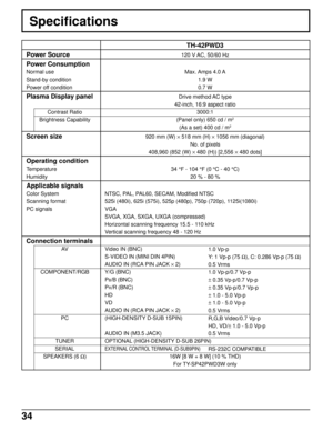 Page 3434
Specifications
TH-42PWD3
120 V AC, 50/60 Hz
Max. Amps  4.0 A
1.9 W
0.7 W
Drive method AC type
42-inch, 16:9 aspect ratio
3000:1
(Panel only) 650 cd / m
2
(As a set) 400 cd / m2
920 mm (W) × 518 mm (H) × 1056 mm (diagonal)
No. of pixels
408,960 (852 (W) × 480 (H)) [2,556 × 480 dots]
34 °F - 104 °F (0 °C - 40 °C)
20 % - 80 %
NTSC, PAL, PAL60, SECAM, Modified NTSC
525i (480i), 625i (575i), 525p (480p), 750p (720p), 1125i(1080i)
VGA
SVGA, XGA, SXGA, UXGA (compressed)
Horizontal scanning frequency 15.5 -...