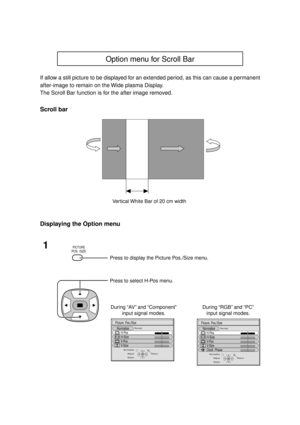 Page 42Option menu for Scroll Bar
If allow a still picture to be displayed for an extended period, as this can cause a permanent
after-image to remain on the Wide plasma Display.
The Scroll Bar function is for the after image removed.
Displaying the Option menu
1
Scroll bar
Vertical White Bar of 20 cm width
PICTURE
POS. /SIZE
Press to display the Picture Pos./Size menu.
Press to select H-Pos menu.
Adjust NormaliseNormal
Select
Picture  Pos./Size
Normalise
H-Pos
H-Size
V- Po s
V- S i z e
Return
During “AV” and...