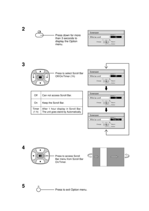 Page 432
5
Press down for more
than 3 seconds to
display the Option
menu.White bar scroll
ChangeReturn
Screensaver
On
Action
White bar scroll
ChangeReturn
Screensaver
Off
Action
White bar scroll
ChangeReturn
Screensaver
On
Action
White bar scroll
ChangeReturn
Screensaver
Timer (1h)
Action
3
Press to select Scroll Bar
Off/On/Timer (1h)
4
Press to access Scroll
Bar menu from Scroll Bar
On/Timer.
R
Press to exit Option menu.
After 1 hour display in Scroll Bar.
The unit goes stand-by Automatically.Timer
(1 h)Can...