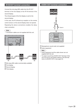 Page 2121English
IR IN/OUT terminal connection
Connect the mini plug (M3) cable from the IR OUT 
terminal of the first display to the IR IN terminal of the 
second display.
The infrared signal of the first display is sent to the 
second display.
In this case, the IR (infrared ray reception on the remote 
control sensor) on the second display does not operate.
Repeating the above connections enables the daisy 
chain connection.
Note
”Connection cables are not supplied with this unit.
  Mini plug (M3) cable...