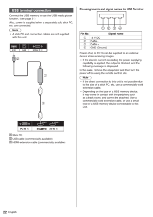 Page 22English22
USB terminal connection
Connect the USB memory to use the USB media player 
function. (see page 31)
Also, power is supplied when a separately sold stick PC, 
etc. are connected.
Note
”A stick PC and connection cables are not supplied 
with this unit.
   
Stick PC   
USB cable (commercially available)   
HDMI extension cable (commercially available)
Pin assignments and signal names for USB Terminal
1342
Pin No. Signal name
+5 V DCDATA -DATA +GND (Ground)
Power of up to 5V/1A can be supplied to...