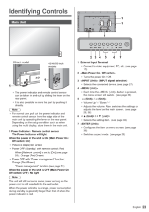 Page 2323English
Identifying Controls
Main Unit
43/48/55-inch 
models 65-inch model
”The power indicator and remote control sensor 
can be taken in and out by sliding the lever on the 
rear panel.
”It is also possible to store the part by pushing it 
directly.
Note
”For normal use, pull out the power indicator and 
remote control sensor from the edge side of the 
main unit by operating the lever on the rear panel. 
Depending on the setup condition such as when 
using the multi display, store them in the...