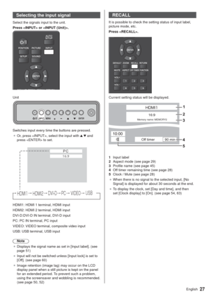 Page 2727English
Selecting the input signal
Select the signals input to the unit.
Press  or .
MENU ENTER INPUT+-
Switches input every time the buttons are pressed.
”Or, press , select the input with   and 
press  to set.
PC
:)%.*:)%.*:%7*%:1$:7*%&0:64#
HDMI1: HDMI 1 terminal, HDMI input
HDMI2: HDMI 2 terminal, HDMI input
DVI-D:DVI-D IN terminal, DVI-D input
PC: PC IN terminal, PC input
VIDEO: VIDEO terminal, composite video input
USB: USB terminal, USB input
Note
”Displays the signal name as...