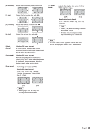 Page 3939English
[H-position]$GMXVWWKHKRUL]RQWDOSRVLWLRQZLWK 
 
[H-size]$GMXVWWKHKRUL]RQWDOVL]HZLWK
 
[V-position]$GMXVWWKHYHUWLFDOSRVLWLRQZLWK 
[V-size]$GMXVWWKHYHUWLFDOVL]HZLWK 
[Clock 
phase](During PC input signal)
,QVRPHFDVHVIUDPHRIWKHVFUHHQ
DSSHDUVEOXUUHGRUVPXGJHGZKHQ5*%
VLJQDORU3&VLJQDODUHLQSXW
[Dot clock] (During PC input signal)
3HULRGLFVWULSHGSDWWHUQLQWHUIHUHQFH
QRLVHPD\RFFXUZKHQDVWULSHGSDWWHUQ
LVGLVSOD\HG,IWKLVKDSSHQVDGMXVWVR...