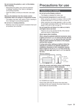 Page 99English
Do not reverse the polarity (+ and -) of the battery 
when inserting.
 ‡0LVKDQGOLQJWKHEDWWHU\PD\FDXVHLWVH[SORVLRQ

VXUURXQGLQJSURSHUWLHV
 ‡

Remove the batteries from the remote control 
transmitter when not using for a long period of time.
 ‡
ILUHRUGDPDJHWRVXUURXQGLQJSURSHUWLHV
Do not burn or breakup batteries.
 ‡
DVVXQVKLQHILUHRUWKHOLNH
Precautions for use
Cautions when installing
Do not set up the Display outdoors.
 ‡7KHLVSOD\LVGHVLJQHGIRULQGRRUXVH...