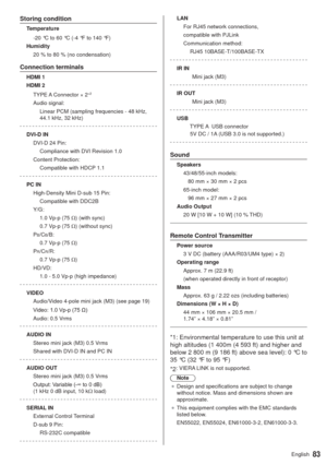 Page 8383English
Storing condition
Temperature
-20 °C to 60 °C (-4 °F to 140 °F)
Humidity
20 % to 80 % (no condensation)
Connection terminals
HDMI 1
HDMI 2
TYPE A Connector ×
 2*2
Audio signal:
Linear PCM (sampling frequencies - 48 kHz, 
44.1 kHz, 32 kHz)
DVI-D IN
DVI-D 24 Pin:
Compliance with DVI Revision 1.0
Content Protection:
Compatible with HDCP 1.1
PC IN
High-Density Mini D-sub 15 Pin:
Compatible with DDC2B
Y/G:
1.0 Vp-p (75 :) (with sync)
0.7 Vp-p (75 :) (without sync)
P
B/CB/B:
0.7 Vp-p (75 :)
P...