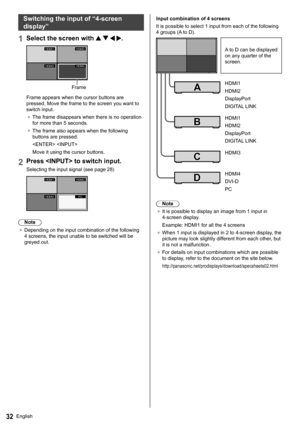 Page 32English32
   
Switching the input of “4-screen 
display”
  1 
Select the screen with    .
 
HDMI1
HDMI3
HDMI2
HDMI4
 
Frame
  Frame appears when the cursor buttons are 
pressed. Move the frame to the screen you want to 
switch input.
●   The frame disappears when there is no operation 
for more than 5 seconds.
●   The frame also appears when the following 
buttons are pressed:
   
  Move it using the cursor buttons.
 
2 
Press  to switch input.
 
Selecting the input signal (see page 28)
 
 
HDMI1
HDMI3...