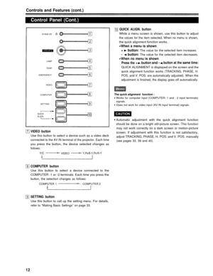 Page 12Controls and Features (cont.)
Control Panel (Cont.)
STAND BYLAMP
TEMP
EMERGENCY
VIDEO
COMPUTER SETTING
QUICK ALIGN. button
While a menu screen is shown, use this button to adjust
the values for the item selected. When no menu is shown,
the quick alignment function works.
When a menu is shown
+button: The value for the selected item increases.
-button: The value for the selected item decreases.
When no menu is shown
Press the +button and -button at the same time:
QUICK ALIGNMENT is displayed on the screen...