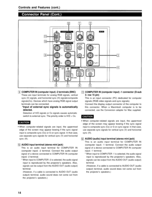 Page 14Controls and Features (cont.)
Connector Panel (Cont.)
COMPUTER IN (computer input) -2 terminals (BNC)
These are input terminals for analog RGB signals, verticalsync (V) signals, and horizontal sync (H) signals/composite
signals(Cs). Devices which have analog RGB signal output
terminals can be connected.
*Input of external sync signals is automatically
detected.
Detection of H/D signals or Cs signals causes automatic
switch to external sync. The priority order is H/D > Cs.
When computer-related signals...