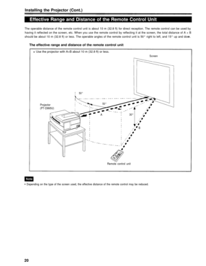 Page 20Installing the Projector (Cont.)
Effective Range and Distance of the Remote Control Unit
The operable distance of the remote control unit is about 10 m (32.8 ft) for direct reception. The remote control can \
be used by
having it reflected on the screen, etc. When you use the remote control by reflecting it at the screen, the total distan\
ce of A  + B
should be about 10 m (32.8 ft) or less. The operable angles of the remote control unit is 50° right to left, and 15\
° up and dow n.
The effective range...