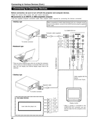 Page 24Connecting to Various Devices (Cont.)
Connecting to Computer Devices
Before connection, be sure to turn off both the projector and computer devices.
Read the manual which comes with each device thoroughly.
Connection to an IBM PC or IBM-compatible computer
Use the supplied computer connection cable. Also, prepare cables required for connecting the devices connected.
Desktop typeWhen connecting an audio output terminal such as a computer sound
source to the projector, connect to the AUDIO terminal using...