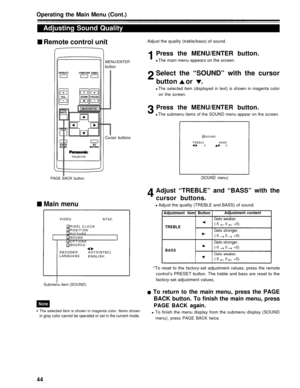 Page 44Operating the Main Menu (Cont.)
Adjusting Sound QualityRemote control unit
Adjust the quality (treble/bass) of sound.
Press the MENU/ENTER button.
MENU/ENTER
button
The main menu appears on the screen.
Select the “SOUND” with the cursorbutton or .
The selected item (displayed in text) is shown in magenta color
on the screen.
Press the MENU/ENTER button.
The submenu items of the SOUND menu appear on the screen.
Cursor buttons
PAGE BACK button(SOUND menu)
Main menu
Adjust “TREBLE” and “BASS” with thecursor...