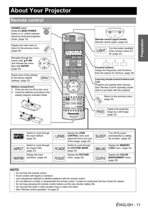 Page 11ENGLISH - 11
Preparation
About Your Projector
Remote control
NOTE:
• Do not drop the remote control.
• Avoid contact with liquids or moisture.
• Use manganese batteries or alkaline batteries with the remote control.
• Do not attempt to modify or disassemble the remote control. Contact an Authorized Service Center for repairs.
• Do not keep pressing the remote control buttons as this may shorten battery life.
• Do not point the laser in other people’s eyes or stare into beam.
• See “Remote control...