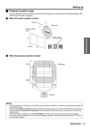 Page 17Getting Started
Setting up
ENGLISH - 17
JProjector location range
You can determine where to locate the screen and the projector by considering the lens shift possibilities. See 
“Positioning the image” on page 21.
QWhen the screen position is fixed
QWhen the projector position is fixed
NOTE:
• When the projector is located right in front of the screen and the lens shift dials is centered, you will get the best quality of 
the projection image.
• When the Lens shift dial • Vertical is at the vertical...