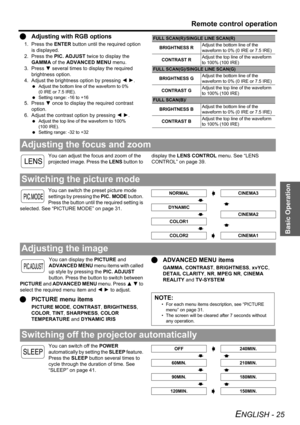 Page 25Basic Operation
Remote control operation
ENGLISH - 25
QAdjusting with RGB options
1. Press the ENTER button until the required option 
is displayed.
2. Press the PIC. ADJUST twice to display the 
GAMMA of the ADVANCED MENU menu.
3. Press G several times to display the required 
brightness option.
4. Adjust the brightness option by pressing I H.
 Adjust the bottom line of the waveform to 0% 
(0 IRE or 7.5 IRE).
 Setting range: -16 to +16
5. Press G once to display the required contrast 
option.
6. Adjust...