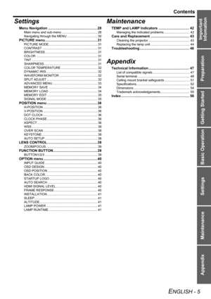 Page 5Preparation Getting Started Basic Operation Settings Maintenance Appendix
ENGLISH - 5
Contents
Important 
Infomation
Settings
Menu Navigation ..................................................28
Main menu and sub-menu ........................................ 28
Navigating through the MENU .................................. 30
PICTURE menu .....................................................31
PICTURE MODE ....................................................... 31
CONTRAST...