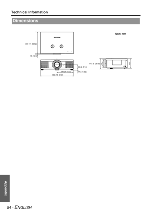 Page 54Appendix
Technical Information
54 - ENGLISH
Dimensions
300 (11-23/32)
460 (18 -3/32)230 (9 -1/32) 15 (19/6)
147 (5 -25/32)
60 (2 -5/16)
11 6
(4 -9/16)130
17 (-21/32)
Unit: mm 