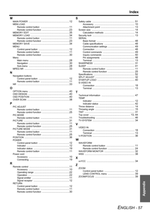 Page 57Appendix
Index
ENGLISH - 57
M
MAIN POWER ..........................................................12
MEM.LOAD
Remote control button
 .........................................11
Remote control function .......................................23
MEMORY EDIT ........................................................35
MEMORY LOAD .......................................................34
Remote control button .........................................11
Remote control function...