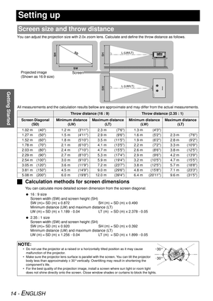 Page 14Getting Started
14 - ENGLISH
Setting up
You can adjust the projection size with 2.0x zoom lens. Calculate and define the throw distance as follows.
All measurements and the calculation results bellow are ap proximate and may differ from the actual measurements.
JCalculation methods fo r screen dimensions
You can calculate more detailed screen  dimension from the screen diagonal.
  16 : 9 size
Screen width (SW) and screen height (SH)
SW (m)= SD (m) x 0.872 SH (m) = SD (m) x 0.490
Minimum distance (LW) and...