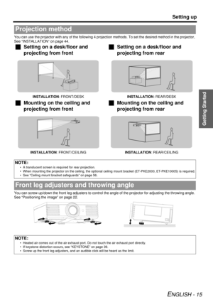 Page 15Getting Started
Setting up
ENGLISH - 15
You can use the projector with any of the following 4 projection methods. To set the desired method in the projector, 
See “INSTALLATION” on page 44.
You can screw up/down the fron t leg adjusters to control the angle of the projector for adjusting the throwing angle. 
See “Positioning the image” on page 22.
Projection method
J Setting on a desk/floor and 
projecting from front  J
Setting on a desk/floor and 
projecting from rear
INSTALLATION : FRONT/DESK...