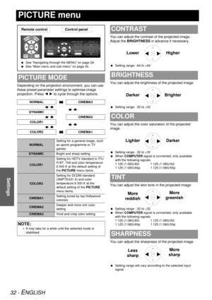 Page 3232 - ENGLISH
Settings
PICTURE menu
Depending on the projection environment, you can use 
these preset parameter settings to optimise image 
projection. Press I H to cycle through the options. You can adjust the contrast of the projected image. 
Adjust the 
BRIGHTNESS in advance if necessary.
 Setting range: -64 to +64
You can adjust the brightness of the projected image.
 Setting range: -32 to +32
You can adjust the color saturation of the projected 
image.
 Setting range: -32 to +32
  When  COMPUTER...