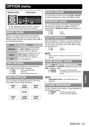 Page 43ENGLISH - 43
Settings
OPTION menu
When you change the input method, the guidance 
appears in the upper right corner of the screen. The 
following display methods are available. Press I H  to 
cycle through the options.
You can change the background color of the menu. 
Press  I H  to cycle through the options.
  TYPE1 Semi transparent black
  TYPE2 Solid blue
  TYPE3 Semi transparent dark blue
You can change the displaying position of the menu. 
Press I H  to cycle through the options. You can choose a...