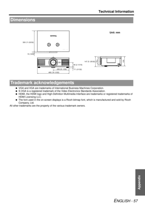 Page 57Technical Information
ENGLISH - 57
Appendix
 VGA and XGA are trademarks of International Business Machines Corporation.
  S-VGA is a registered trademark of the Video Electronics Standards Association.
  HDMI, the HDMI logo and High-Definition Multimedia Interface are trademarks or registered trademarks of 
HDMI Licensing LLC.
  The font used in the on-screen displays is a Ricoh  bitmap font, which is manufactured and sold by Ricoh 
Company, Ltd. 
All other trademarks are the property of the various...