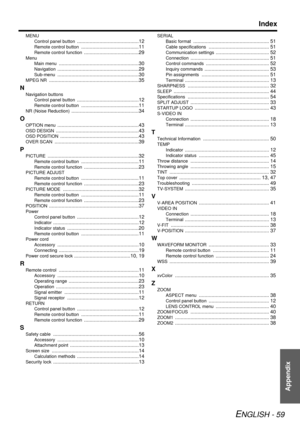 Page 59Appendix
Index
ENGLISH - 59
MENUControl panel button
 ............................................12
Remote control button .........................................11
Remote control function .......................................29
MenuMain menu
 .........................................................30
Navigation ..........................................................29
Sub-menu ..........................................................30
MPEG NR...