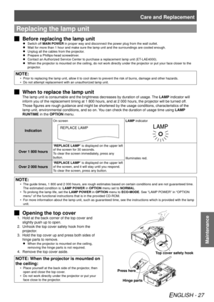 Page 27Care and Replacement
ENGLISH - 27
Maintenance
Replacing the lamp unit
Before replacing the lamp unit
 
J
Switch off 
 
 
MAIN POWER in proper way and disconnect the power plug from the wall outlet.
Wait for more than 1 hour and make sure the lamp unit and the surrounding\
s are cooled enough.
 
 
Unplug all the cables from the projector.
 
 
Prepare a Phillips-head screwdriver.
 
 
Contact an Authorized Service Center to purchase a replacement lamp unit (ET-LAE4000).
 
 
When the projector is mounted on...