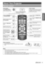 Page 11ENGLISH - 11
Preparation
About Your Projector
Remote control
Power button
While MAIN POWER is on, 
switch between standby 
mode and projection mode.
Button backlight
When any button is pressed, the button 
backlight is lit. Without any operation, it 
gets darker after 5 seconds and goes 
off after next 5 seconds.
Remote control signal emitter
Emit remote control signal.
Display the  PICTURE menu 
or ADVANCED MENU .
Switch to cycle through the 
PICTURE MODE.
Display the VIERA LINK 
menu.
Display the main...