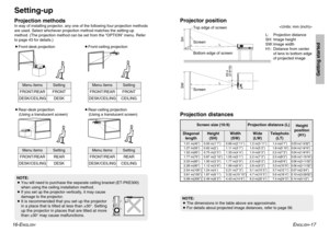 Page 9ENGLISH
-17 16-E
NGLISH
Setting-upProjection methodsIn way of installing projector, any one of the following four projection methods
are used. Select whichever projection method matches the setting-up
method. (The projection method can be set from the “OPTION” menu. Refer
to page 43 for details.)
BFront-desk projectionBFront-ceiling projection
BRear-desk projection
(Using a translucent screen)BRear-ceiling projection
(Using a translucent screen)
Menu items Setting
FRONT
DESK FRONT/REAR
DESK/CEILING
Menu...