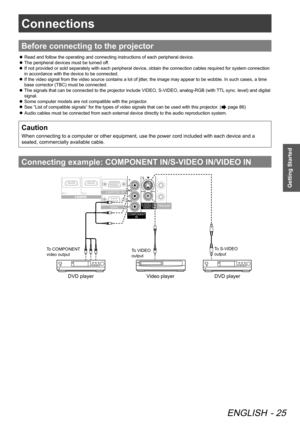 Page 25Connections
ENGLISH - 25
Getting Started
Connections
Before connecting to the projector
Read and follow the operating and connecting instructions of each peripheral device.
 
z
The peripheral devices must be turned off.
 
z
If not provided or sold separately with each peripheral device, obtain the connection cables required for system connection 
 
z
in accordance with the device to be connected.
If the video signal from the video source contains a lot of jitter , the image may appear to be wobble. In...