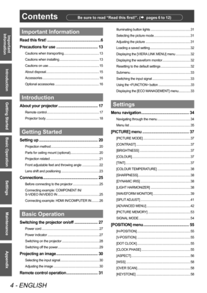 Page 4 
4 - ENGLISH
Important 
Information
Introduction
Getting Started
Basic Operation
Settings
Maintenance
Appendix
ContentsBe sure to read “Read this first!”. (   pages 6 to 12)
Important Informatio n
Read this first! ..................................................... 6
Precautions for use  ......................................... 13
Cautions when transporting ..........................................13
Cautions when installing  ............................................... 13
Cautions on use...