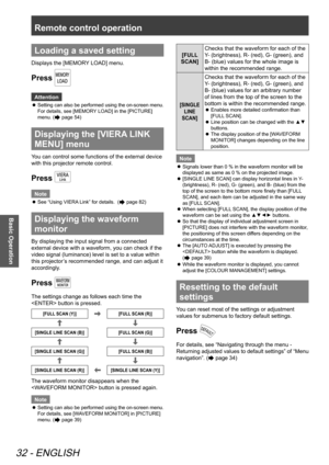 Page 32Remote control operation
32 - ENGLISH
Basic Operation
Loading a saved setting
Displays the [MEMORY LOAD] menu.
Press 
Attention
Setting can also be performed using the on-screen menu. 
 
z
For details, see [MEMORY LOAD] in the [PICTURE] 
menu. (
 page 54)
Displaying the  [VIERA LINK 
MENU] menu
You can control some functions of the external device 
with this projector remote control.
Press 
Note
See “Using VIERA Link” for details.  (
 
z page 82)
Displaying the waveform 
monitor
By displaying the input...