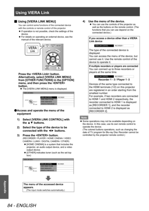 Page 84Using VIERA Link
84 - ENGLISH
Appendix
 
■ Using [VIERA LINK MENU]
You can control some functions of the connected device 
with the controls or remote control of this projector.
If operation is not possible, check the settings of the 
 
z
device.
For details on operating an external device, see the 
 
z
manual of the relevant device.
Press the  button.
Alternatively, select [VIERA LINK MENU] 
from [OTHER FUNCTIONS] in the [OPTION] 
menu, and then press the  
button.
The [VIERA LINK MENU] menu is...