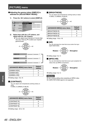 Page 46[PICTURE] menu
46 - ENGLISH
Settings
 
● Adjusting the gamma (when [SIMPLE] is 
selected for [ADJUSTMENT MODE])
Press the ◄► buttons to select [SIMPLE].
1)  
GAMMA  ADJUSTMENT
ADJUSTMENT  MODE
GAMMA  HIGH
GAMMA  MID
GAMMA  LOW
POINT
Y  ADJUST
R  ADJUST
GA DJUST SIMPLE
0
0
0
PICTURE
POSITION
LANGUAGE OPTIO N
Select item with the ▲▼ buttons, and 
2)  
adjust with the 
▲
▼ buttons.
You can adjust linear intensity at 3 levels (high, 
 
z
mid, low). Press ▲ ▼ to select your required 
gamma levels.
-1+1...