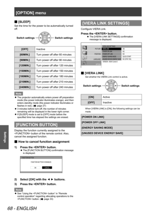 Page 68[OPTION] menu
68 - ENGLISH
Settings
 
■ [SLEEP]
Set the time for the power to be automatically turned 
off.
Switch settingsSwitch settings
[OFF]
Inactive
[60MIN.]  Turn power off after 60 minutes
[90MIN.]  Turn power off after 90 minutes
[120MIN.]  Turn power off after 120 minutes
[150MIN.]  Turn power off after 150 minutes
[180MIN.]  Turn power off after 180 minutes
[210MIN.]  Turn power off after 210 minutes
[240MIN.]  Turn power off after 240 minutes
Note
The projector automatically enters power off...