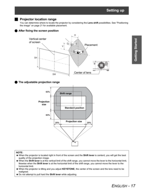 Page 17Setting up
ENGLISH - 17
Getting Started
JProjector location range
You can determine where to locate the projector by considering the Lens shift possibilities. See “Positioning 
the image” on page 21 for available placement.
QAfter fixing the screen position
QThe adjustable projection range
NOTE:
 When the projector is located right in front of the screen and the Shift lever is centerd, you will get the best 
quality of the projection image.
 When the Shift lever is at the vertical limit of the shift...