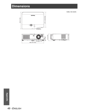 Page 4848 - ENGLISH
Appendix
Dimensions
271.1 (10-21/32)
395 (15-17/32)102.5 (4-1/32)
69
(2-11/16)
121 (4-3/4)
112 (4-13/32)300 (11-5/8)
Units: mm (inch) 