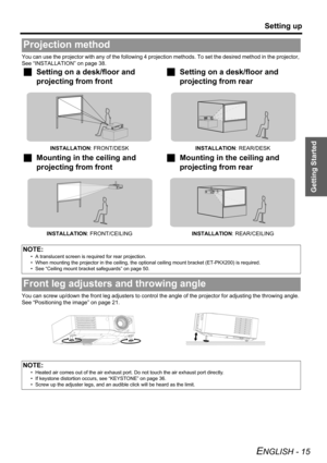 Page 15Getting Started
Setting up
ENGLISH - 15
You can use the projector with any of the following 4 projection methods. To set the desired method in the projector, 
See “INSTALLATION” on page 38.
You can screw up/down the front leg adjusters to control the angle of the projector for adjusting the throwing angle. 
See “Positioning the image” on page 21.
Projection method
JSetting on a desk/floor and 
projecting from front JSetting on a desk/floor and 
projecting from rear
INSTALLATION: FRONT/DESKINSTALLATION:...