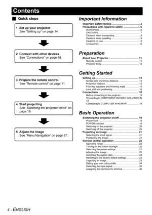 Page 44 - ENGLISH
Contents
JQuick stepsImportant Information
Important Safety Notice ........................................ 2
Precautions with regard to safety ....................... 6
WARNINGS ................................................................. 6
CAUTIONS .................................................................. 7
Cautions when transporting ......................................... 8
Cautions when installing .............................................. 8
Cautions on use...