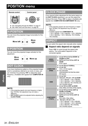 Page 3434 - ENGLISH
Settings
POSITION menu
You can move the projected image horizontally for fine 
adjustment.
You can move the projected image vertically for fine 
adjustment.
If you have interference patterns of the projected image, 
which is sometimes referred to as moire or noise, you 
can minimize it by pressing I H to adjust the clock 
frequency. (Available with signals from COMPUTER IN 
only)If you require further adjustment for the same reason as 
the DOT CLOCK adjustment, you can fine adjust the...