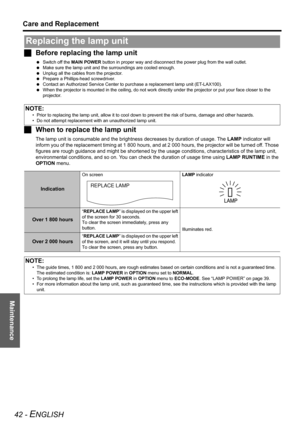 Page 42Maintenance
Care and Replacement
42 - ENGLISH
JBefore replacing the lamp unit
 Switch off the MAIN POWER button in proper way and disconnect the power plug from the wall outlet.
 Make sure the lamp unit and the surroundings are cooled enough.
 Unplug all the cables from the projector.
 Prepare a Phillips-head screwdriver.
 Contact an Authorized Service Center to purchase a replacement lamp unit (ET-LAX100).
 When the projector is mounted in the ceiling, do not work directly under the projector or put...