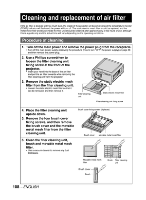 Page 108108 – ENGLISH
  Cleaning and replacement of air filter
If the air filter is blocked with too much dust, the inside of the projector will become hot and the temperature monitor 
(TEMP) indicator will flash and the power will turn off. The static electric mesh filter should be replaced and the 
metal mesh filter and brush inside the filter unit should be cleaned after approximately 2 000 hours of use, although 
this is a guide only and the actual time will vary depending on the operating conditions....