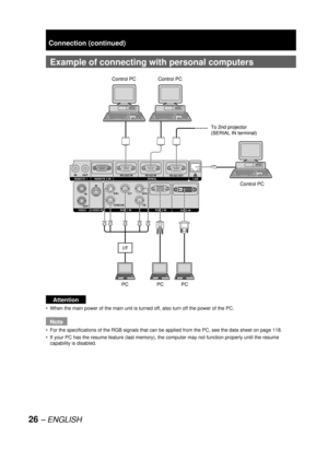 Page 2626 – ENGLISH
Example of  connecting with personal computers
Attention
When the main power of the main unit is turned off, also turn off the power of the PC.
Note
For the specifications of the RGB signals that can be applied from the PC, see the data sheet on page 118.
If your PC has the resume feature (last memory), the computer may not function properly until the resume 
capability is disabled. •
•
•
IN OUTRS-232C IN RS-422 IN
RS-422 OUTSERIAL REMOTE 1 REMOTE 2 IN
OUTIN
SYNC/HD VDB/P
BG/Y R/PR
S-VIDEO...